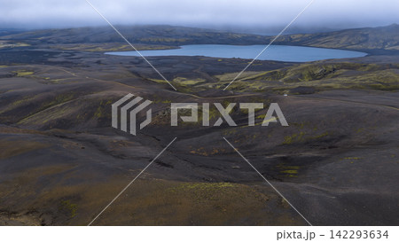Aerial view of volcanic landscape with crater lake, Skaft?rhreppur Iceland 142293634
