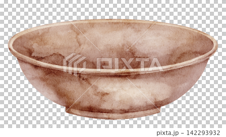 Ceramic bowl watercolor illustration. Art of a rustic handmade earthenware dish isolated on background. Mediterranean tableware clipart for food, kitchen, dining, pottery and traditional designs. 142293932