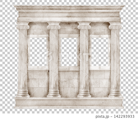 Roman colonnade watercolor illustration with classical stone columns and architectural details isolated on background. Ancient clipart with ionic pillars for historical and Mediterranean designs. Roman colonnade watercolor illustration with classical stone columns and architectural details isolated on background. Ancient clipart with ionic pillars for historical and Mediterranean designs. 142293933