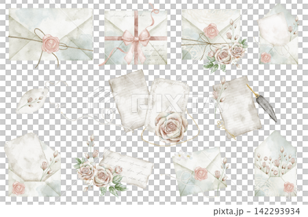 Vintage stationery watercolor set. Collection of envelopes, papers and floral elements isolated on background. Decorative clipart for journals, wedding invitations and scrapbooking. Retro sheets. 142293934