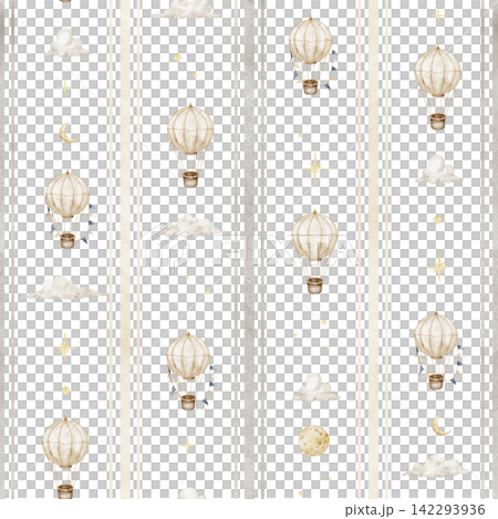 Striped balloon seamless watercolor pattern isolated on background. Repeat design for fabric, nursery wallpaper and wrapping paper. Baby backdrop for bed linen or childish textile in pastel colors. Striped balloon seamless watercolor pattern isolated on background. Repeat design for fabric, nursery wallpaper and wrapping paper. Baby backdrop for bed linen or childish textile in pastel colors. 142293936