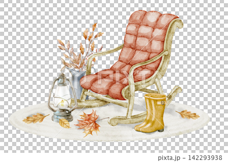 Autumn rocking chair watercolor illustration with lantern, rubber boots, leaves and fall decor isolated on background. Cozy seasonal clipart for farmhouse, harvest festival and home designs. Autumn rocking chair watercolor illustration with lantern, rubber boots, leaves and fall decor isolated on background. Cozy seasonal clipart for farmhouse, harvest festival and home designs. 142293938