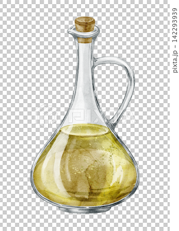 Olive oil cruet watercolor illustration of a glass bottle with golden oil isolated on background. Mediterranean kitchen clipart with glass jar and cork for cooking, cuisine, food, tableware design. Olive oil cruet watercolor illustration of a glass bottle with golden oil isolated on background. Mediterranean kitchen clipart with glass jar and cork for cooking, cuisine, food, tableware design. 142293939
