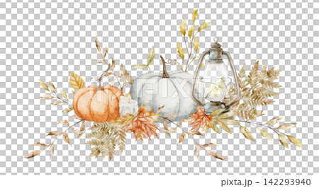 Autumn watercolor illustration with pumpkins, lantern, wheat, fern and fall foliage isolated on background. Harvest fall botanical clipart arrangement for Thanksgiving invitations and seasonal design. 142293940