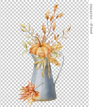 Jug watercolor illustration with pumpkin, autumn branches and fall leaves isolated on background. Seasonal harvest arrangement clipart for farmhouse, Thanksgiving invitations and rustic greetings. Jug watercolor illustration with pumpkin, autumn branches and fall leaves isolated on background. Seasonal harvest arrangement clipart for farmhouse, Thanksgiving invitations and rustic greetings. 142293942