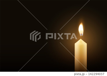 Candle Light, Vector Illustration. Realistic Burning Flame on Horizontal Dark Background. Memorial and Sympathy Card Template. Spiritual, Calm Design For Remembrance, Meditation, Condolence 142294037