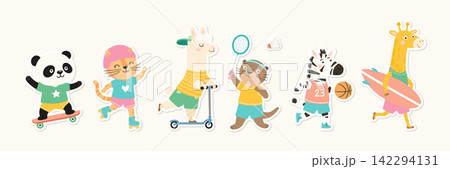 Cute Animal Sports Set, Vector Illustration. Cartoon Panda on Skateboard, Cat on Roller Skates, Llama on Scooter, Otter Playing Badminton, Zebra With Basketball and Giraffe With Surfboard Cute Animal Sports Set, Vector Illustration. Cartoon Panda on Skateboard, Cat on Roller Skates, Llama on Scooter, Otter Playing Badminton, Zebra With Basketball and Giraffe With Surfboard 142294131