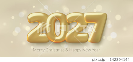 2027 Happy New Year Gold 3d numbers banner design holiday glittering bokeh lights background 2027 Happy New Year Gold 3d numbers banner design holiday glittering bokeh lights background 142294144