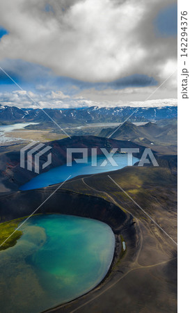 Aerial view of crater lakes with turquoise and green mineral water, ytra Iceland Aerial view of crater lakes with turquoise and green mineral water, ytra Iceland 142294376