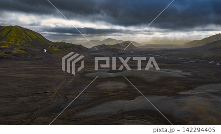 Aerial view of geothermal lakes and lava field in , Iceland Highlands 142294405