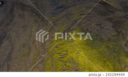 Aerial view of moss-covered lava field with yellow-green algae patterns, Skaft?rhreppur Iceland Aerial view of moss-covered lava field with yellow-green algae patterns, Skaft?rhreppur Iceland 142294444