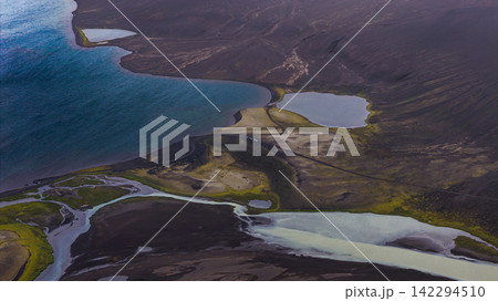 Aerial view of geothermal landscape with glacial meltwater streams, black sand plains, and mineral lakes, ytra Iceland 142294510