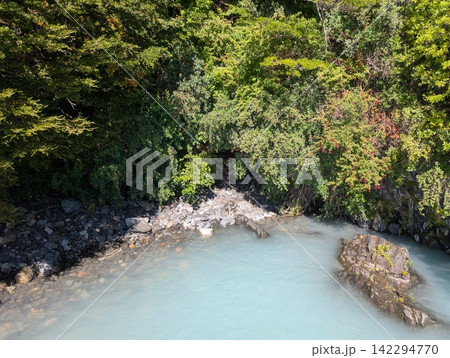 Milky Glacial Meltwater Pool Flowing Through Green Patagonian Forest 142294770