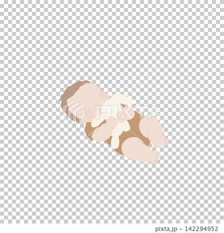 一幅嬰兒抱著毛絨玩具的插圖。 142294952