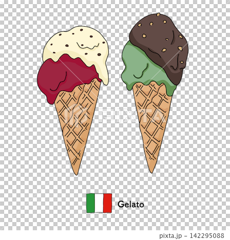 An illustration of Italian gelato served in a waffle cone. Summer sweets theme. An illustration of Italian gelato served in a waffle cone. Summer sweets theme. 142295088