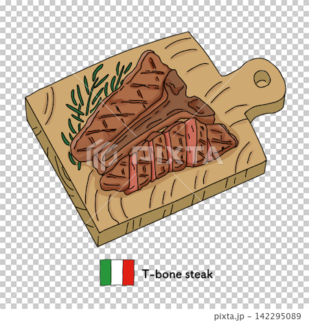 An illustration of a T-bone steak on a cutting board; Italian cooking ingredients. 142295089