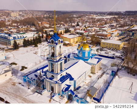 Aerial view of the Church of the Assumption of the Blessed Virgin Mary in Zadonsk in winter Aerial view of the Church of the Assumption of the Blessed Virgin Mary in Zadonsk in winter 142295214