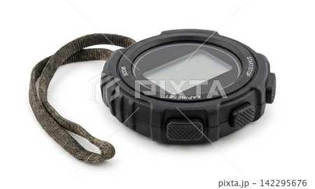 Black digital sport timer watch with a braided lanyard isolated stopwatch accessory equipment training exercise portable instrument activity isolated background hardware functional Black digital sport timer watch with a braided lanyard isolated stopwatch accessory equipment training exercise portable instrument activity isolated background hardware functional 142295676