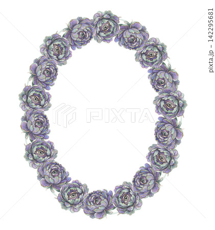 Watercolor eye flower oval wreath with violet peonies. Purple green petals create a gothic botanical frame design. Great for greeting card and invitation. Magic art suits Halloween poster and print. Watercolor eye flower oval wreath with violet peonies. Purple green petals create a gothic botanical frame design. Great for greeting card and invitation. Magic art suits Halloween poster and print. 142295681