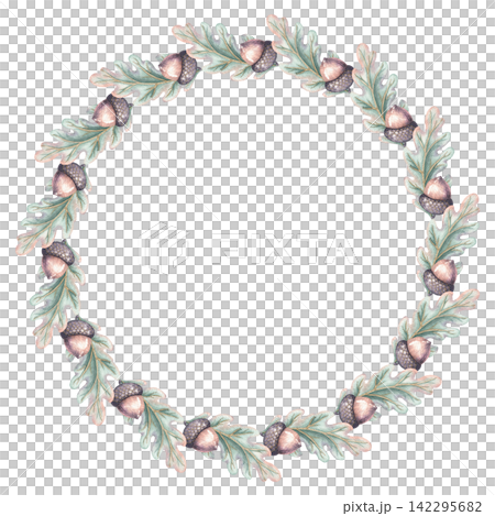 Watercolor acorn frame with autumn oak leaves design. Hand drawn nut form a round botanical wreath. Great for card invitation and season label. Natural graphic suits greeting and harvest print. Watercolor acorn frame with autumn oak leaves design. Hand drawn nut form a round botanical wreath. Great for card invitation and season label. Natural graphic suits greeting and harvest print. 142295682