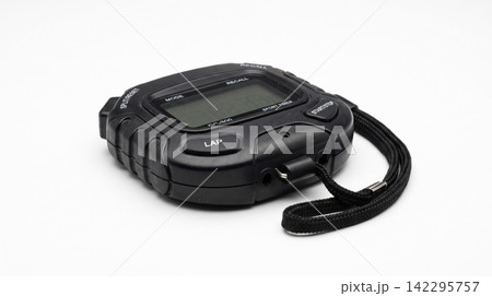 Black digital sports stopwatch with strap on a white background stopwatch athletic exercise training electronic measurement performance isolated background instrument portable handheld 142295757
