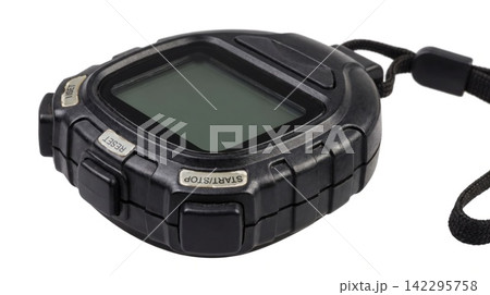 Detailed close up of black electronic sports stopwatch and display screen with stopwatch athletic exercise training electronic measurement performance isolated background instrument portable Detailed close up of black electronic sports stopwatch and display screen with stopwatch athletic exercise training electronic measurement performance isolated background instrument portable 142295758