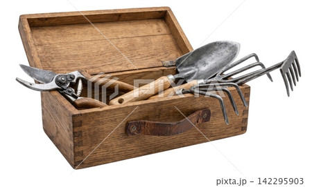 Rustic wooden garden tool box filled with trowel pruning shears and rake against white background equipment agriculture container implement cultivation accessory planting instrument hardware Rustic wooden garden tool box filled with trowel pruning shears and rake against white background equipment agriculture container implement cultivation accessory planting instrument hardware 142295903