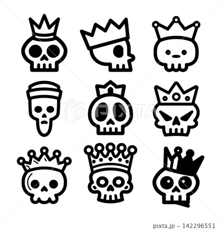 Funny isolated separated layered coloring lineart outline skull wearing royal crown 142296551