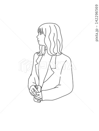 スマートフォンを持って見上げる女性会社員のイラスト 142296569