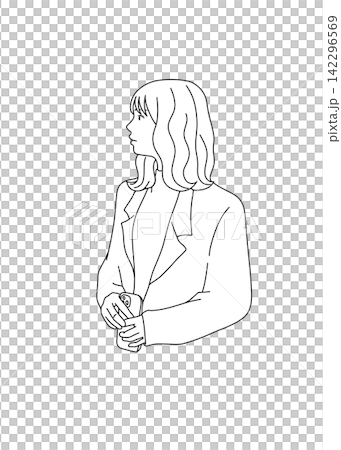スマートフォンを持って見上げる女性会社員のイラスト 142296569