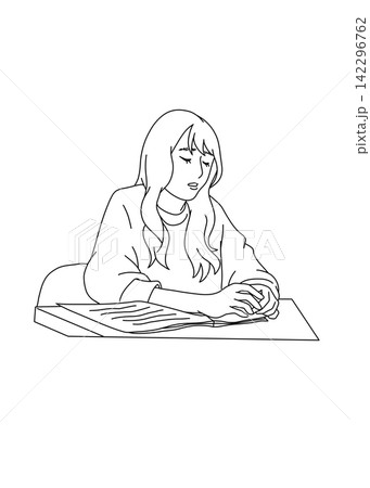 仕事に疲れて机に座る女性のイラスト 仕事に疲れて机に座る女性のイラスト 142296762