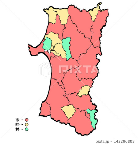 秋田県地図 市町村カラー (筆タッチ) 和風 秋田県地図 市町村カラー (筆タッチ) 和風 142296805