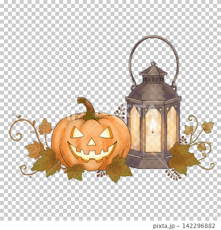 Autumn decorations featuring Halloween pumpkins and lanterns 142296882