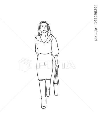 バッグを持って歩くきれいめな服装の女性のイラスト バッグを持って歩くきれいめな服装の女性のイラスト 142296894