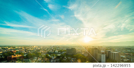 Aerial view of Saga cityscape and skyline at golden hour sunset, Japan 142296955