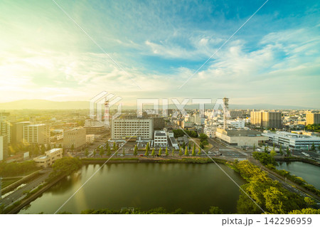 Aerial view of Saga cityscape and skyline at golden hour sunset, Japan Aerial view of Saga cityscape and skyline at golden hour sunset, Japan 142296959