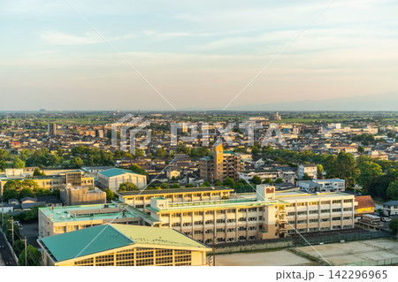 Aerial view of Saga cityscape and skyline at golden hour sunset, Japan 142296965