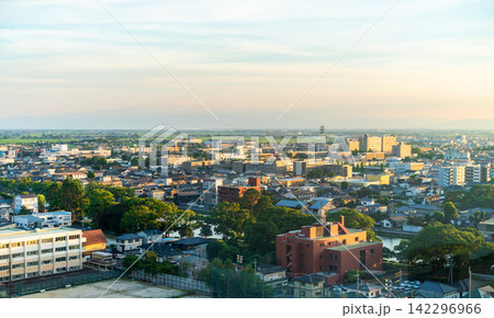 Aerial view of Saga cityscape and skyline at golden hour sunset, Japan Aerial view of Saga cityscape and skyline at golden hour sunset, Japan 142296966