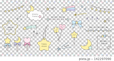 ドリーミーなかわいい飾りフレームのベクターイラストセット。星、リボン、ゆめかわ ドリーミーなかわいい飾りフレームのベクターイラストセット。星、リボン、ゆめかわ 142297090