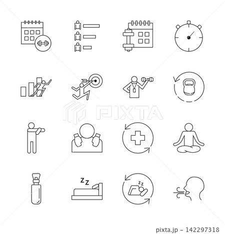 Minimalist Fitness Schedule and Wellness Line Icon Set Minimalist Fitness Schedule and Wellness Line Icon Set 142297318
