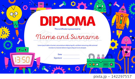 Kids diploma with funny cartoon robot droids and retro bots characters. Diploma certificate template for kids kindergarten or preschool award document with cute robots and robotic transformers 142297557
