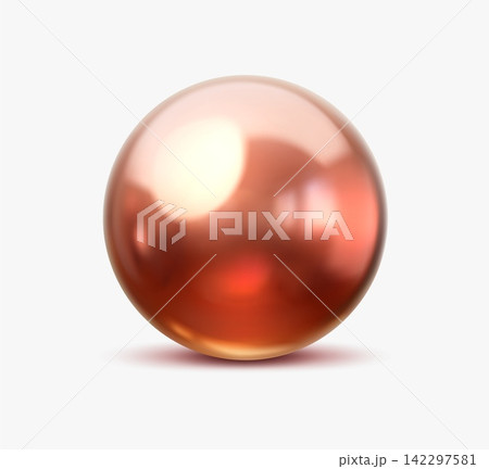 3D copper metal or pearl ball, bubble glossy sphere. Shiny bronze orb with reflective polished chrome finish, smooth surface and mirrored reflection conveys luxury and soft shadow on white background 142297581