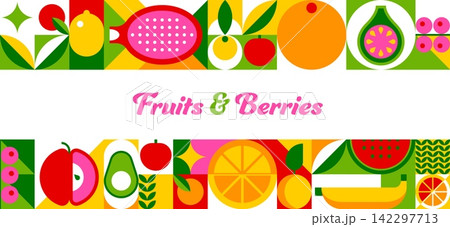 Tropical fruits and berries banner with mosaic geometric pattern. Tile background with abstract shapes of orange slice, fig, avocado and apple, banana and watermelon, leaves and seeds of summer food Tropical fruits and berries banner with mosaic geometric pattern. Tile background with abstract shapes of orange slice, fig, avocado and apple, banana and watermelon, leaves and seeds of summer food 142297713