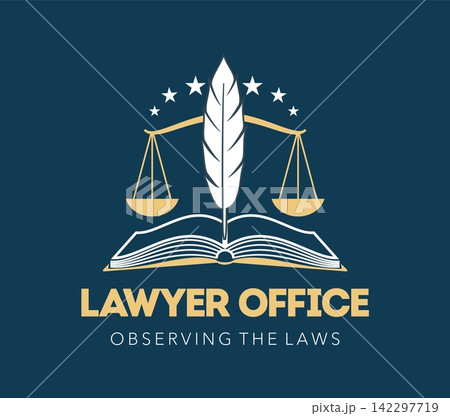 Lawyer office emblem with scales of justice and open law book. Golden white symbol features quill pen, gold scales and white stars for attorney branding, law firm websites or notary public stationery 142297719