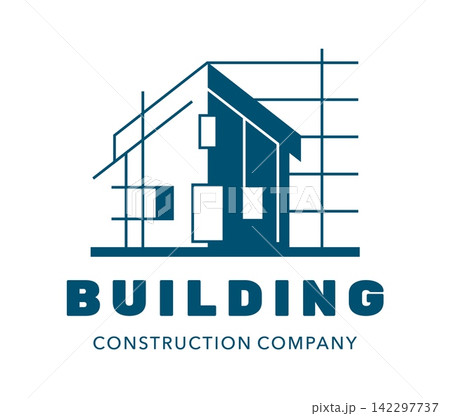 House building icon, real estate agency, residence apartment construction symbols with countryside house blueprint framework lines. Geometric emblem for architecture company service and home planning 142297737