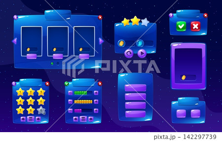 Galaxy space game interface window board and menu frame panels. Space game UI kit with slot machine window, star rating panels, level select grid and progress bars for app development Galaxy space game interface window board and menu frame panels. Space game UI kit with slot machine window, star rating panels, level select grid and progress bars for app development 142297739