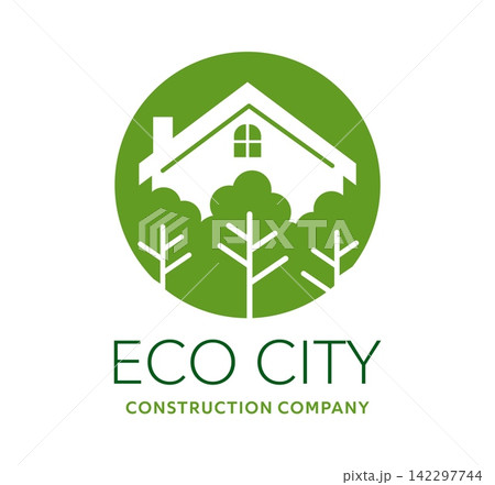 Green house icon, circular emblem with house silhouette behind trees. Real estate agency, residence apartment building construction symbol for sustainable construction, eco friendly suburban property Green house icon, circular emblem with house silhouette behind trees. Real estate agency, residence apartment building construction symbol for sustainable construction, eco friendly suburban property 142297744