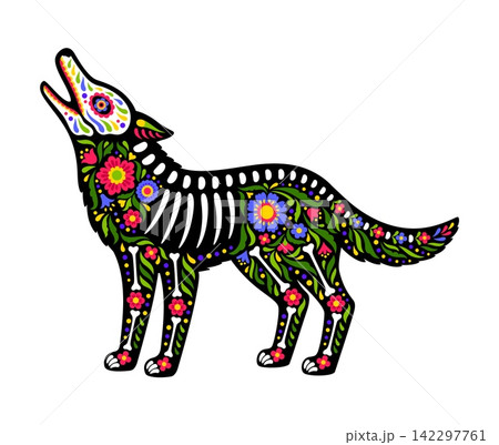Mexican coyote animal skeleton tattoo of Day of the Dead sugar skull. Isolated wild howl wolf figure with traditional alebrije motifs and skeleton bones, celebrating Mexican death holiday 142297761