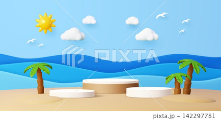 Kids podium stage stand with sand beach, sea water waves, white clouds and palms. 3D pedestal for cosmetic products promotions. Summer holiday scene featuring round base, layered sea waves and sun Kids podium stage stand with sand beach, sea water waves, white clouds and palms. 3D pedestal for cosmetic products promotions. Summer holiday scene featuring round base, layered sea waves and sun 142297781