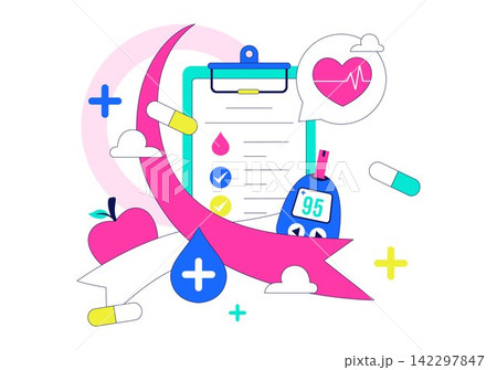 World Diabetes Day Vector Illustration Featuring Blood Glucose Meter, Insulin Syringe, Awareness Ribbon, Healthy Lifestyle and Medical Care World Diabetes Day Vector Illustration Featuring Blood Glucose Meter, Insulin Syringe, Awareness Ribbon, Healthy Lifestyle and Medical Care 142297847